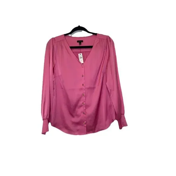 Talbots Women’s Pink V-Neck Long Sleeve Gold Button Down Satin blouse Size S NWT - Picture 2 of 12